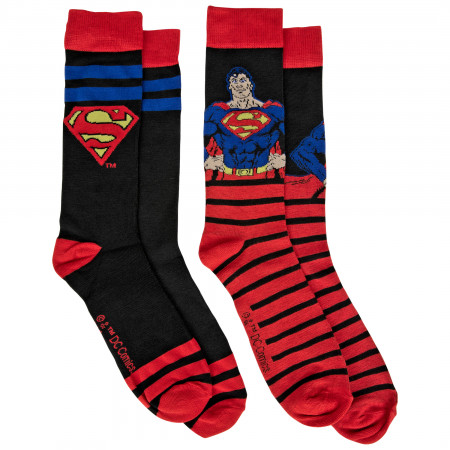Superman Action Pose Stripes and Symbols 2-Pack Crew Socks